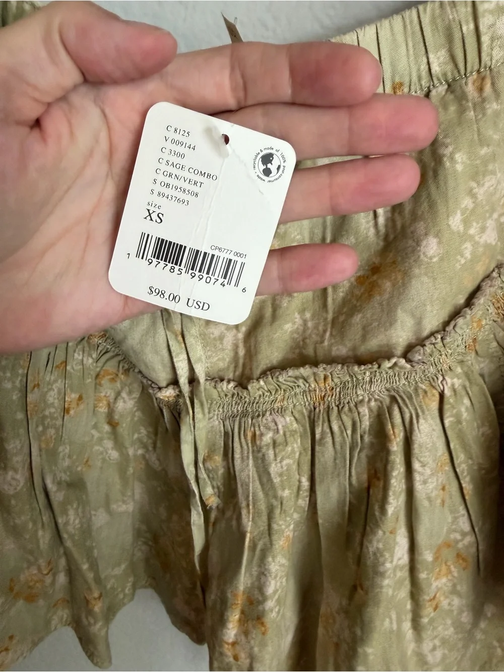 Free People Olive Tiered Drawstring Shorts with Yellow Floral